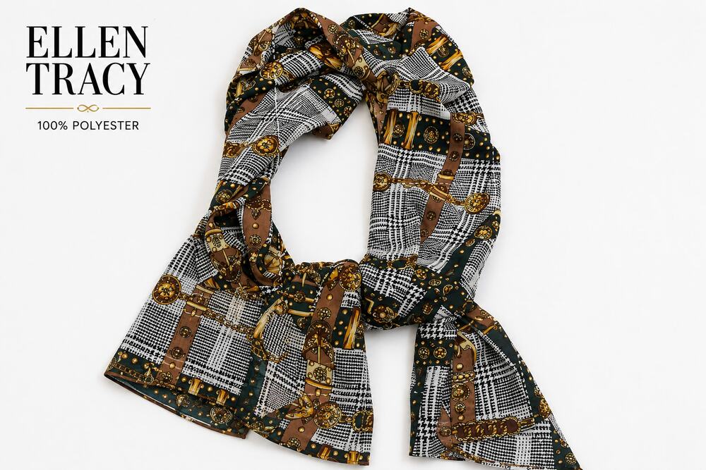 Ellen Tracy Equestrian Print Scarf Brown Gold Plaid Chain Belt Oblong Wrap